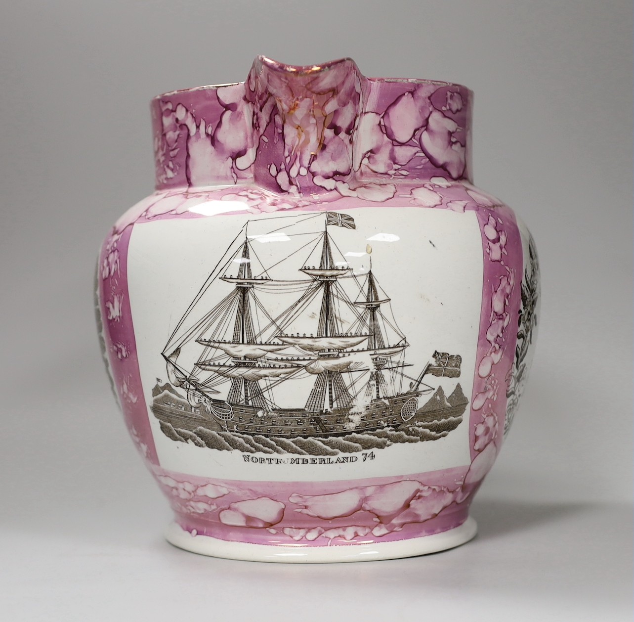 A Sunderland pink lustre ‘Northumberland 74’ and ‘ View of the iron bridge over the Wear’ jug, early 19th century, 23cm